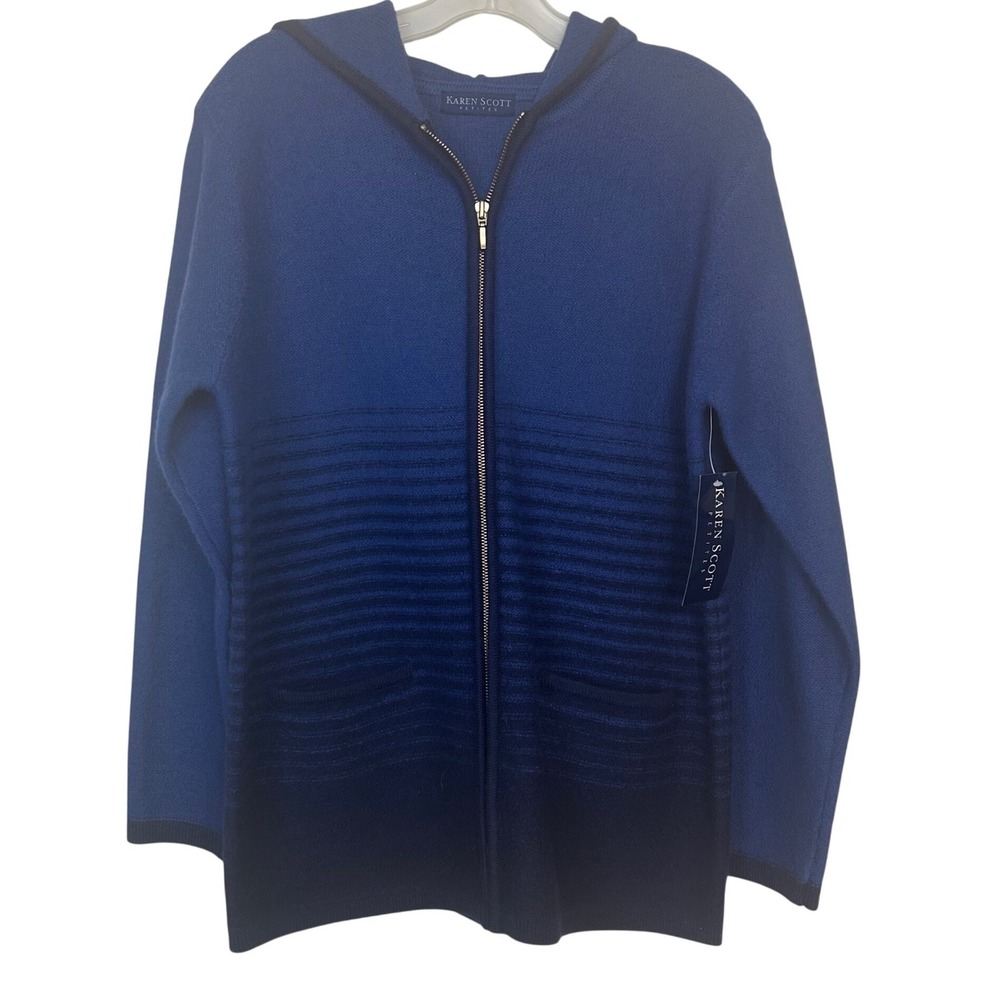 NWT Karen Scott Petites Women's Blue Ombre 100% Wool Full Zip Hooded Cardigan PS
